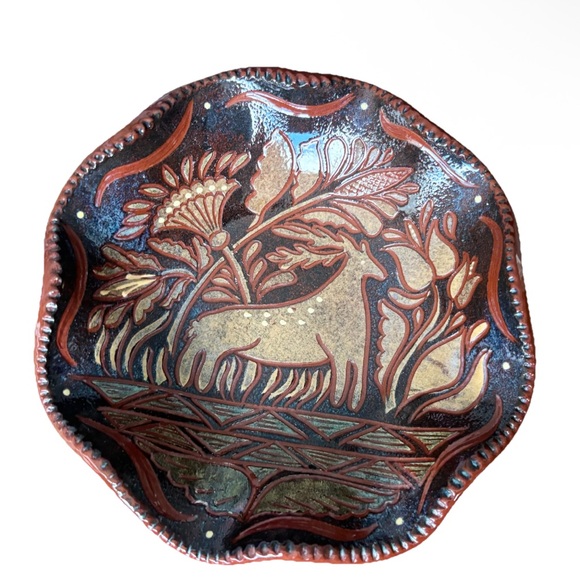 ELDRETH POTTERY VINTAGE
REDWARE DEER AND FLORAL PRINT WAVE EDGE DECORATIVE BOWL - Picture 5 of 5